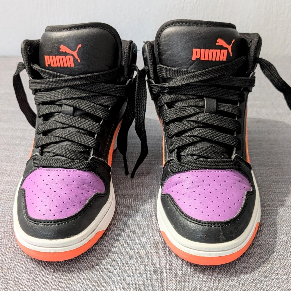Puma Rebound Layup Basketball Shoes in Black and Purple, girls size 4.5C